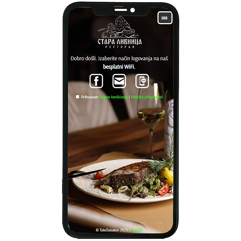 Stara Livnica restaurant branded myWiFi Social guest WiFi login on a phone